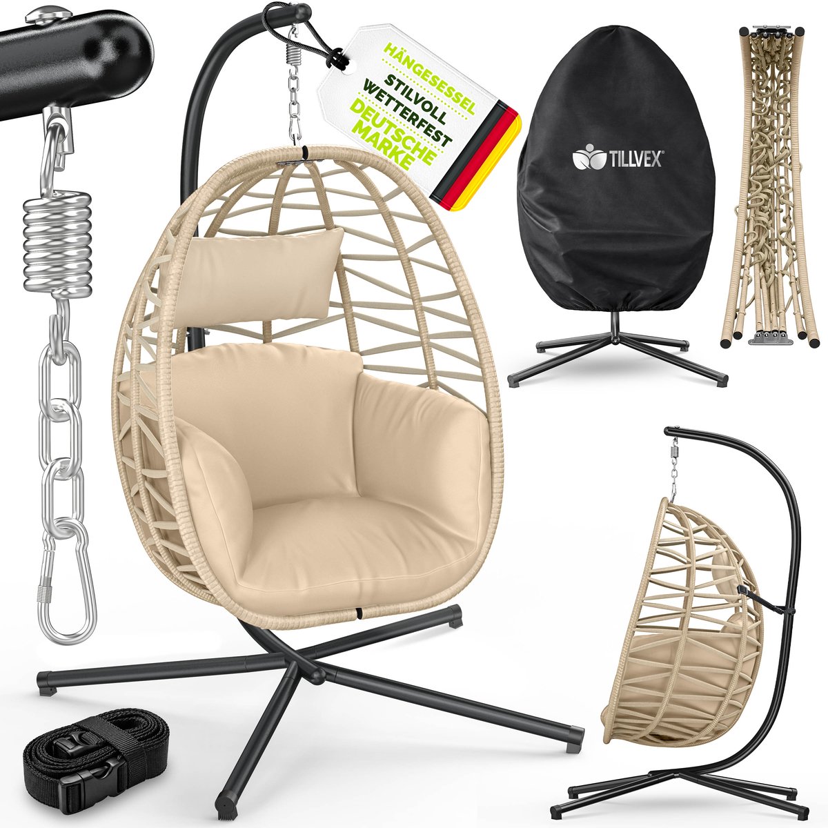 tillvex® Hangstoel met Standaard Outdoor & Weerbestendige Hoes incl. Bevestiging | Hangmand Opklapbaar tot 150 kg | Hangstoel van Rotan | Hangstoel voor Indoor Tuin Balkon Terras