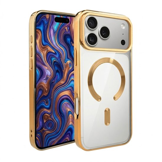Étui de téléphone transparent de couleur or avec bordures métalliques – convient pour iPhone 17 Pro Max MagSafe – housse arrière de luxe avec anneau MagSafe et protection de caméra