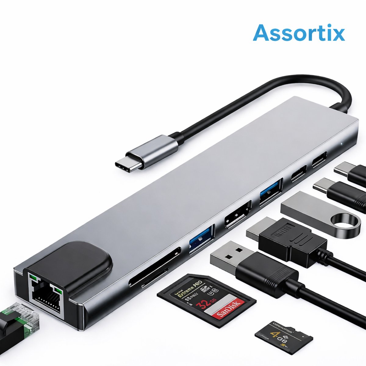 Assortix ProHub 8 USB-C Hub – 8-in-1 Multiport Adapter – 4K HDMI – Ethernet (RJ45) – 3x USB 3.0 – SD & MicroSD – USB-C Power Delivery – Geschikt voor MacBook & Laptop