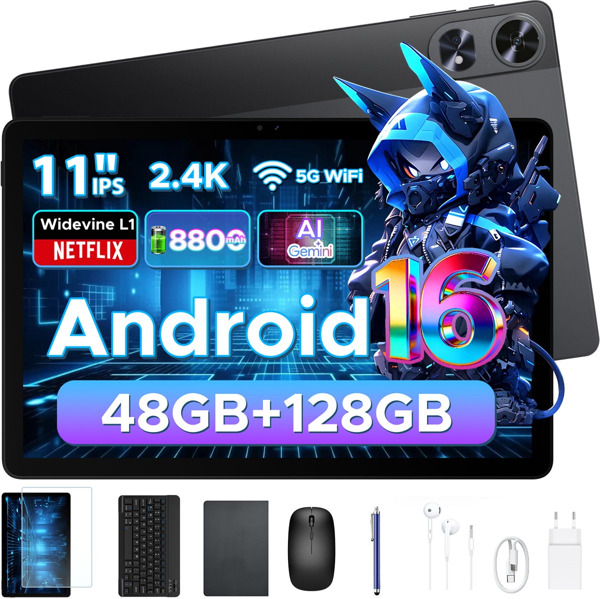Aorlym P11 Pro - Tablet - 48 GB RAM (8+40 GB) + 128 GB ROM (2 TB/TF) - 11 inch FHD+ 90 Hz - Android 16 - 8800 mAh/18 W - T7250 - Dubbele luidsprekers - Gemini AI - Face ID - Widevine L1 - Complete accessoirebundel met toetsenbord en stylus- Zwart