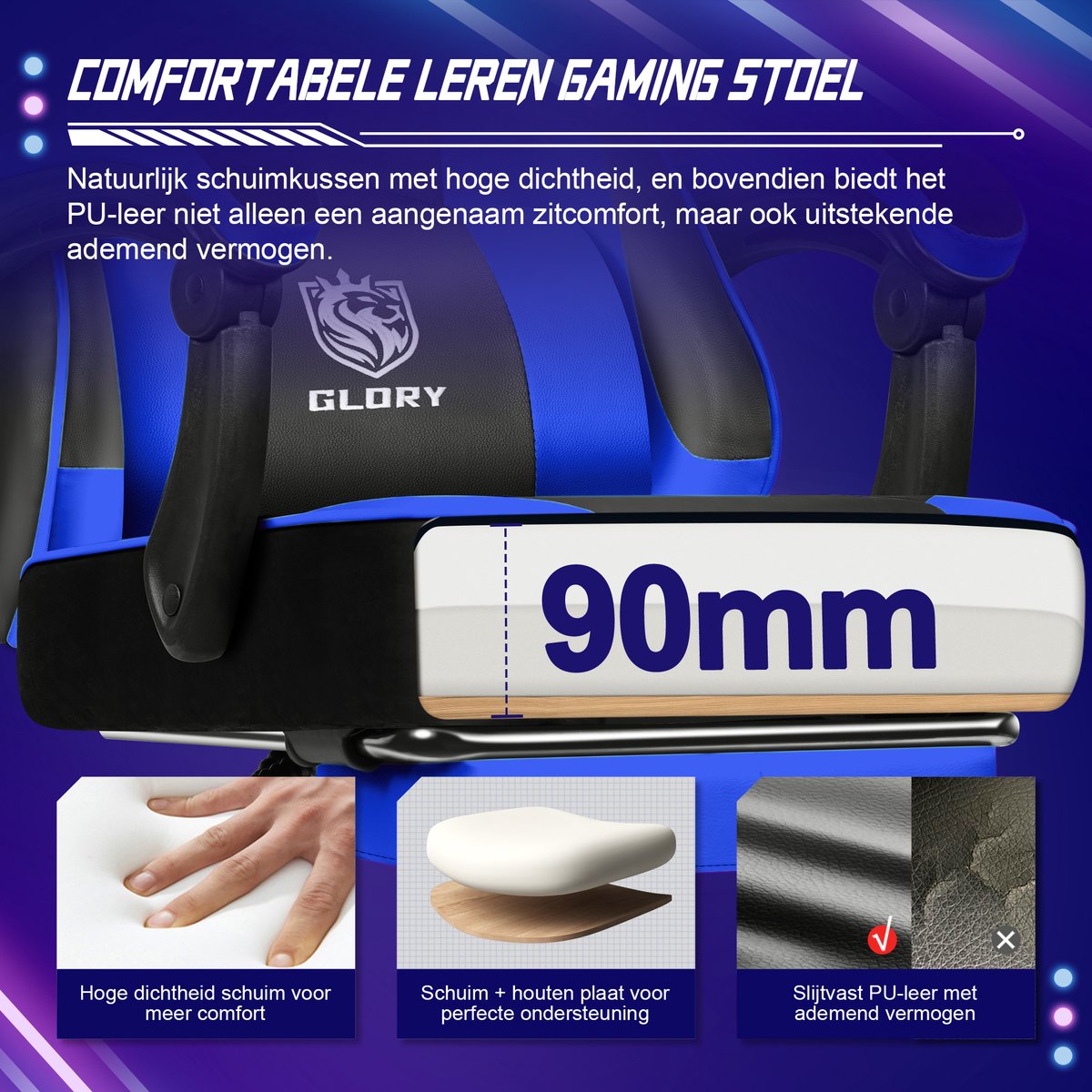 Hiaonyx Gaming Stoel Met Inklapbare Voetsteun Blauw - afbeelding 3