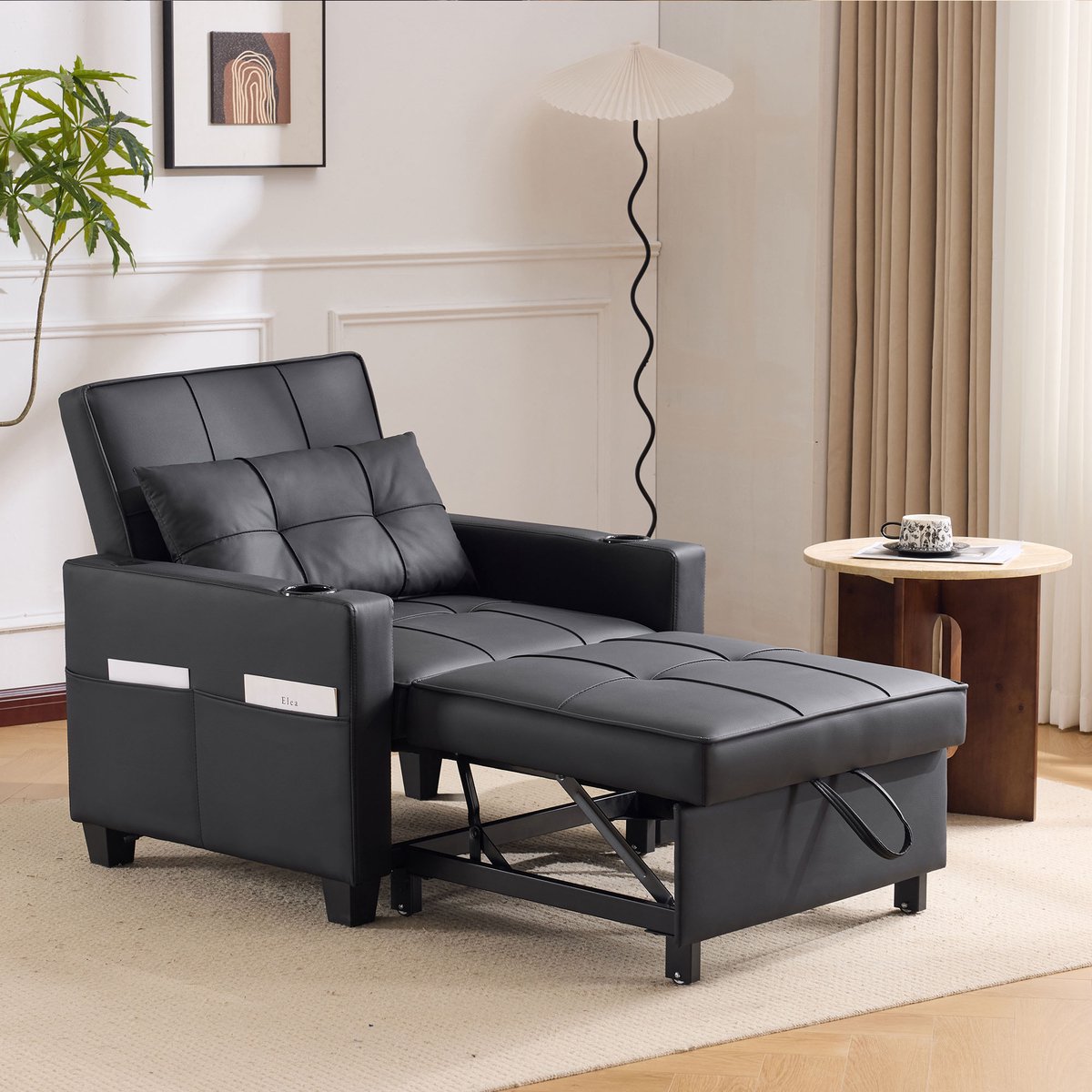 REDOM 3-in-1 Slaapstoel - Uitschuifbare Slaapbank & Verstelbare Sofa - Met Opbergvak - Voor Kleine Ruimtes - Hout en Metaal - Zwart - 74x87x84 cm