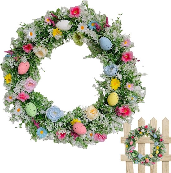 Groene lente- en zomerdeurkrans met kleurrijke eieren voor binnen- en buitenfeesten, festivaldecoratie - paasdecoratie met bloemen voor de deur