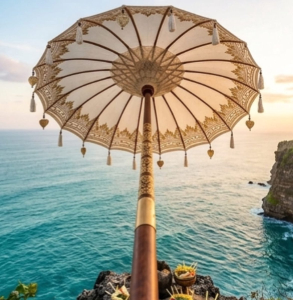 Decoratieve Bali Parasol 180 cm Handgemaakt van Katoen – Vintage Retro Tuinparasol met Houten Frame, Bohemian Stijl voor Binnen & Buiten – NoviHome