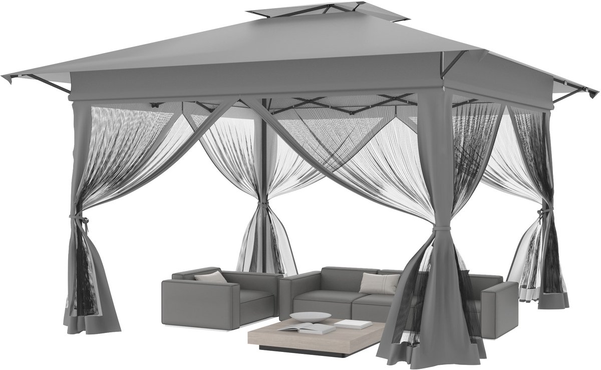 ACXIN Opvouwbare Partytent 4x4m - Waterdicht met Muggennet, In Hoogte Verstelbaar, Pop-up Paviljoen met Draagtas op Wielen en UV-bescherming - Voor Tuin en Terras - Grijs