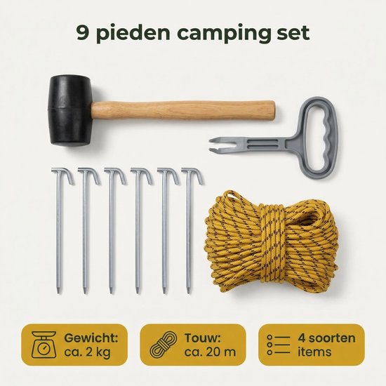 Lomera Campingset 9-Delig - Tentharingen - Hamer met Haringtrekker - Touw - Kampeerartikelen voor Kamperen en Outdoor - Tenthamer - Campinghamer - Tent Accessoires - Kampeerset - Haringen - Camping - Kampeerspullen - Vakantie - Festival — afbeelding 5