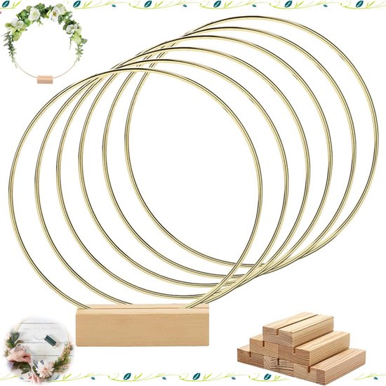 6 stuks - Ronde ijzeren ringdecoratie - Metalen ring met houten voet - Bloemenkransstandaard - Bloemenkrans als tafeldecoratie - Goud - Bloemenkransdecoratie voor bruiloften/feesten - Wanddecoratie - Geschikt voor bruiloften