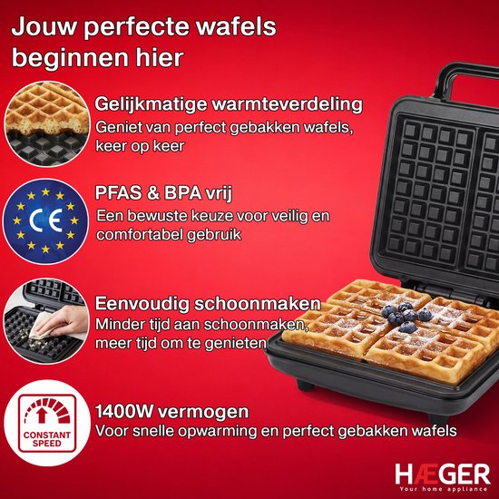 Haeger Master Wafelijzer - Anti Aanbaklaag & Pfas-Vrij - Wafelmaker voor 2 Grote Brusselse Wafels - 1400W - 2 wafels - Waffle Maker - Zwart van Haeger — afbeelding 2