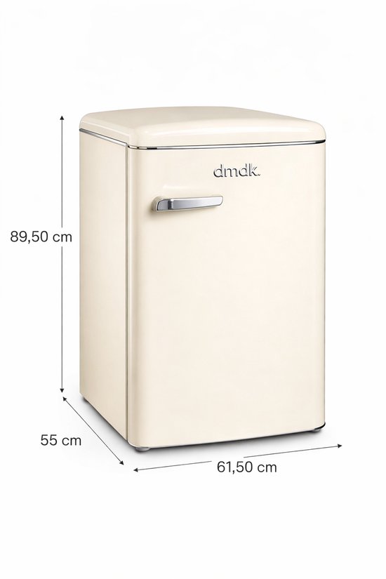Energiezuinige Dmdk tafelmodel koelkast crème 108L met vriesvak 13L, stil, retro design, 88 cm hoog