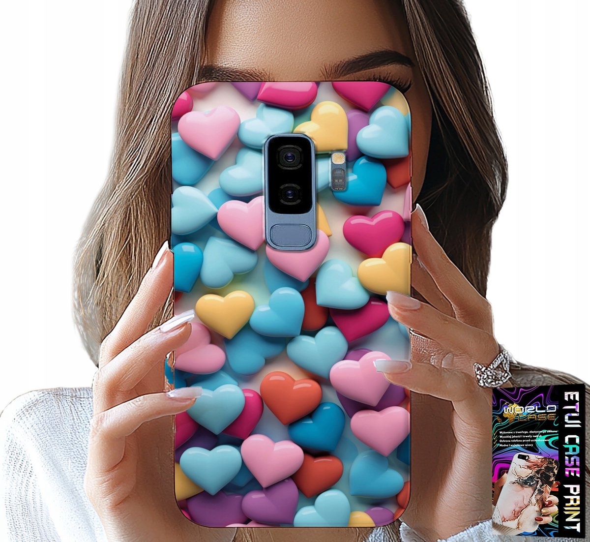 HOESJE VOOR SAMSUNG GALAXY S9 PLUS - KLEURRIJKE HARTJES, MOGELIJKHEID TOT PERSONALISATIE