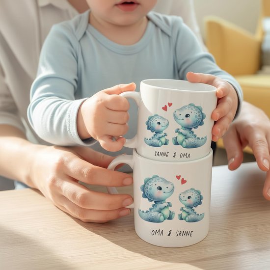 Creasowl® Ensemble de Tasses Personnalisées Parent & Enfant – Tasse Dino Bleue avec Nom – Cadeau Maman Papa Grand-mère – 330ml & 175ml