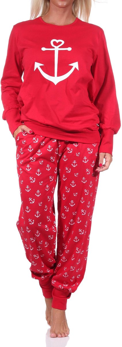 Damespyjama met manchetten in maritieme look met ankermotief -212 90 910