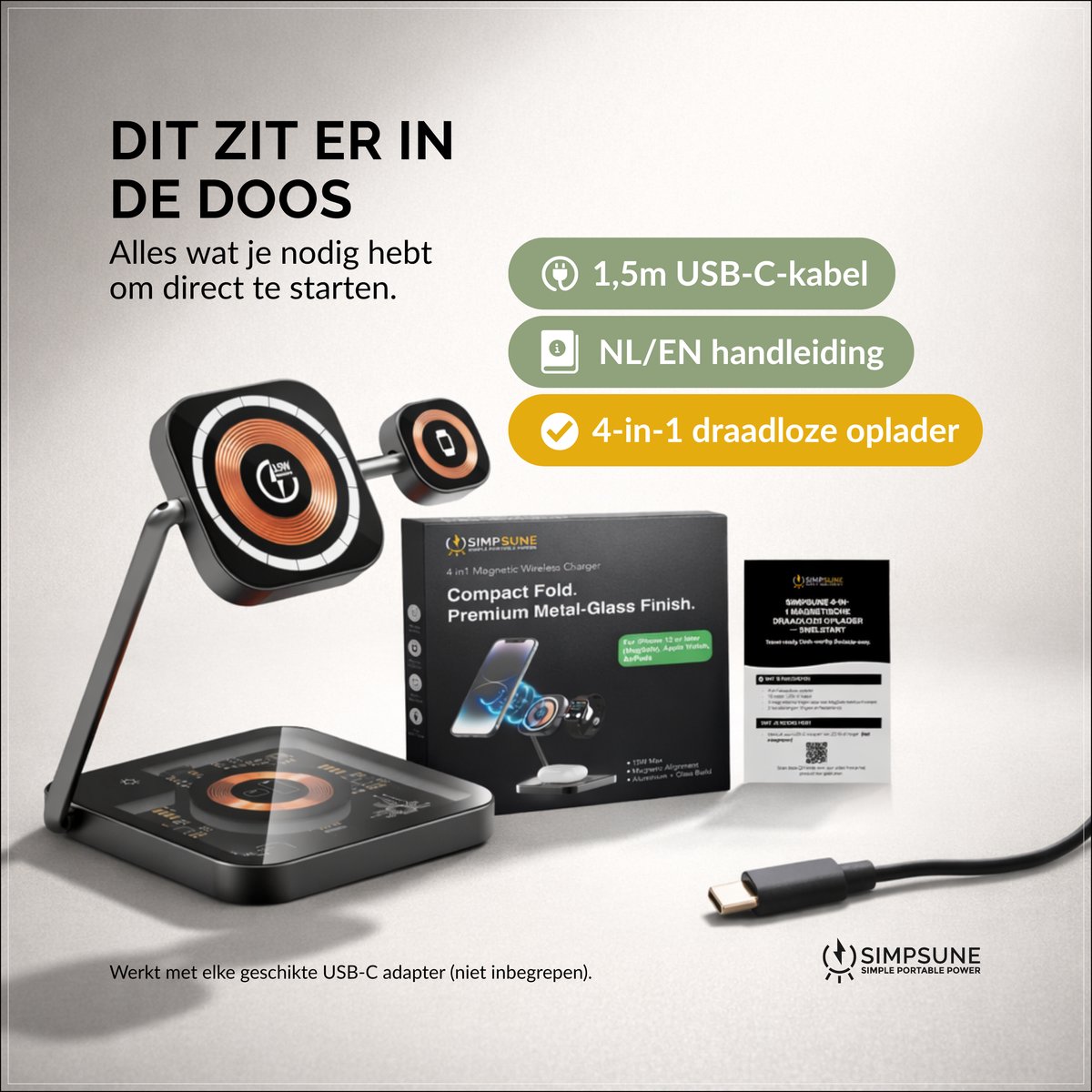 SimpSune 3 in 1 draadloze oplader – geschikt voor Apple Watch oplader – Wireless Charger oplaadstation geschikt voor MagSafe‑smartphones, Apple Watch & AirPods – verstelbaar dock van premium metaal & glas voor bureau & nachtkastje — cadeau in Gadgets - foto 8