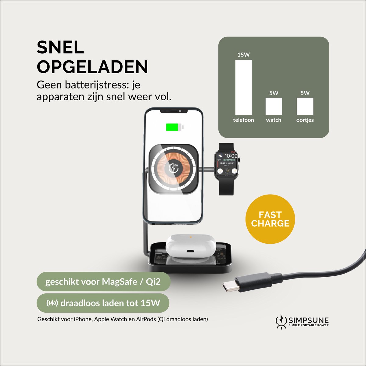 SimpSune 3 in 1 draadloze oplader – geschikt voor Apple Watch oplader – Wireless Charger oplaadstation geschikt voor MagSafe‑smartphones, Apple Watch & AirPods – verstelbaar dock van premium metaal & glas voor bureau & nachtkastje — cadeau in Gadgets - foto 6
