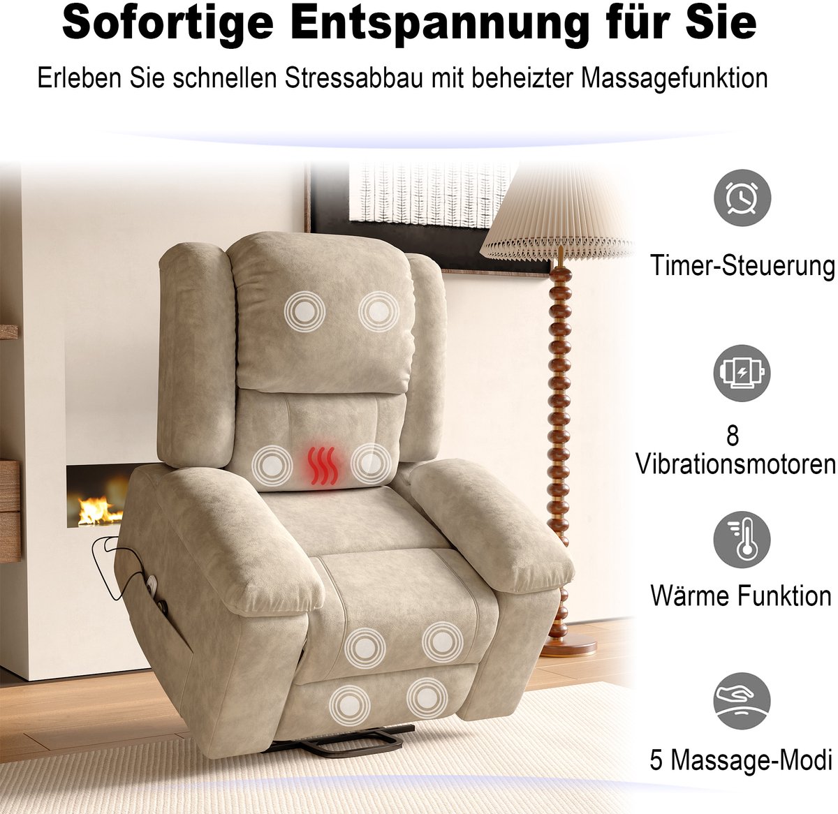 Elektrische massagestoel, ontspannende tv-stoel met sta-opfunctie, massagestoel met 8 verwarmingspunten, 90-160° verstelbare rugleuning, verstelbare tv-stoel, woonkamer, seniorenstoel voor woonkamer, slaapkamer, beige, 102x93x106cm