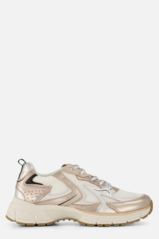 Zij-aanzicht van witte Gabor sneaker met rosé-gouden en zilveren accenten.