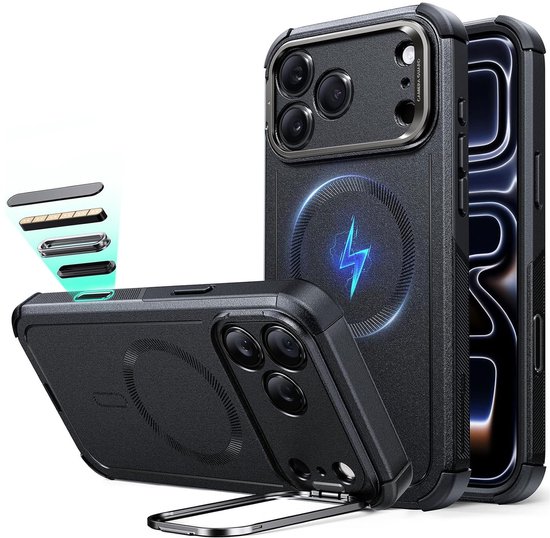 Coque ESR pour iPhone 17 Pro - Support Cyber ​​​​Tough - Compatible MagSafe / Qi2 - Coque arrière avec support - Béquille - Contrôle de l'appareil photo - Zwart