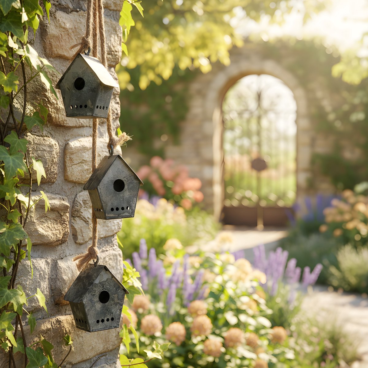 Metalen vogelhuisjes aan touw zink 45cm– landelijke wanddecoratie, rustieke tuinversiering, vintage woondecoratie - tuinslinger
