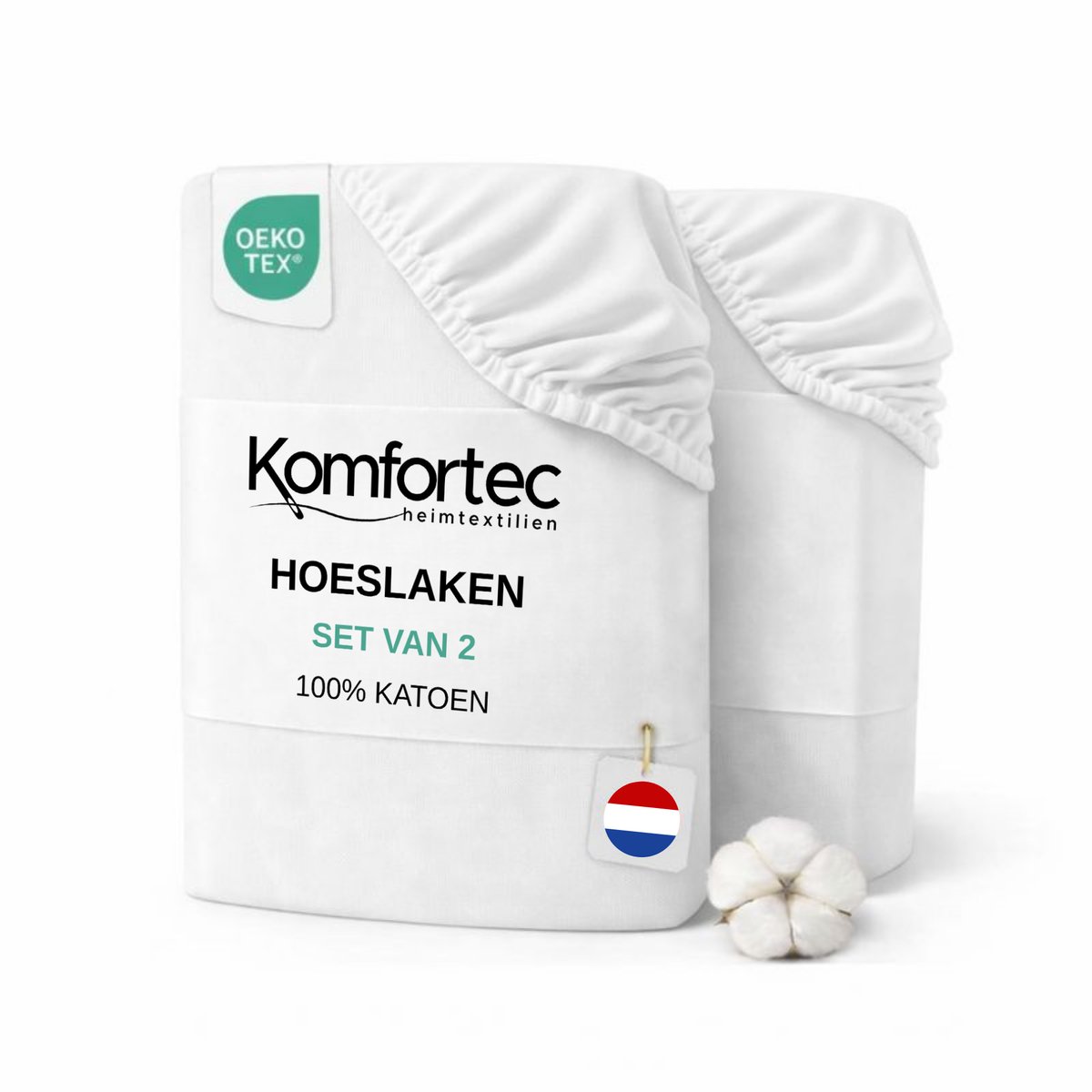Komfortec Jersey Stretch 2-delige Hoeslaken Set 200x200 cm, Dubbelpak, 23 cm Matrasdikte, Rondom Elastiek, 100% Katoen, Wit