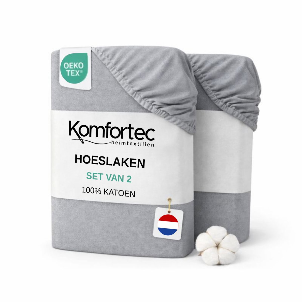 Komfortec Jersey Stretch 2-delige Hoeslaken Set 200x200 cm, Dubbelpak, 23 cm Matrasdikte, Rondom Elastiek, 100% Katoen, Grijs