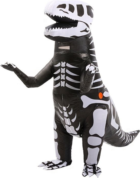 Opblaasbaar T-Rex dinosaurus kostuum met skeletprint in zwart en wit.