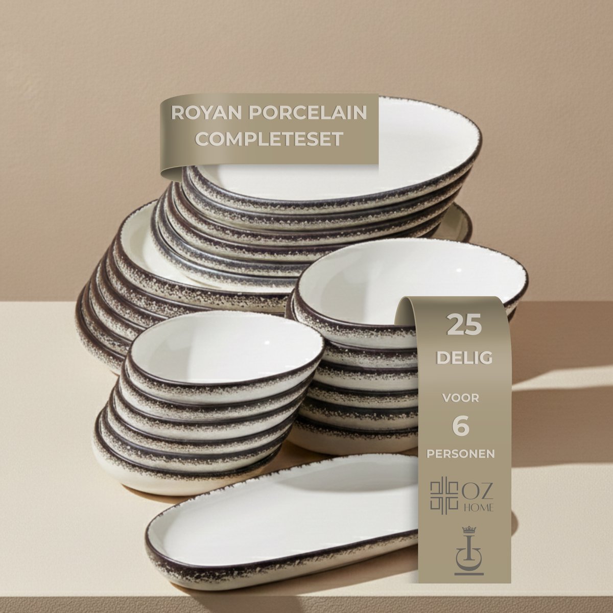 OZ HOME Bricard Royan Serviesset 25-delig Porselein - 6 Personen - Wit met Bruine Details - Stapelbaar - Vaatwasser-, Magnetron- en Ovenbestendig