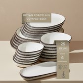 Service de table OZ HOME Bricard Royan 25 pièces Porcelaine - 6 Personnes - Blanc avec Détails Marron - Empilable - Résistant au Lave-vaisselle, Micro-ondes et Four