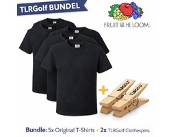 5 Pack Fruit of the Loom Original Heren T-Shirt 100% Katoen Ronde Hals - Maat S (Zwart) Inclusief 2 TLRGolf Wasknijpers