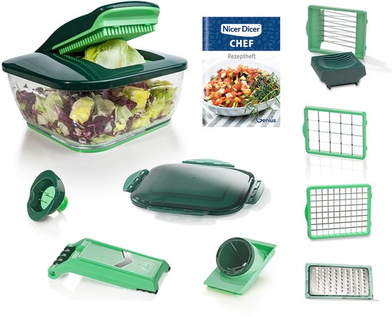Nicer Dicer Chef - Keukenmandoline - Multifunctionele Groentesnijder - Uiensnijder - RVS Messen - Incl. Opvangbak - 15-delig - Groen