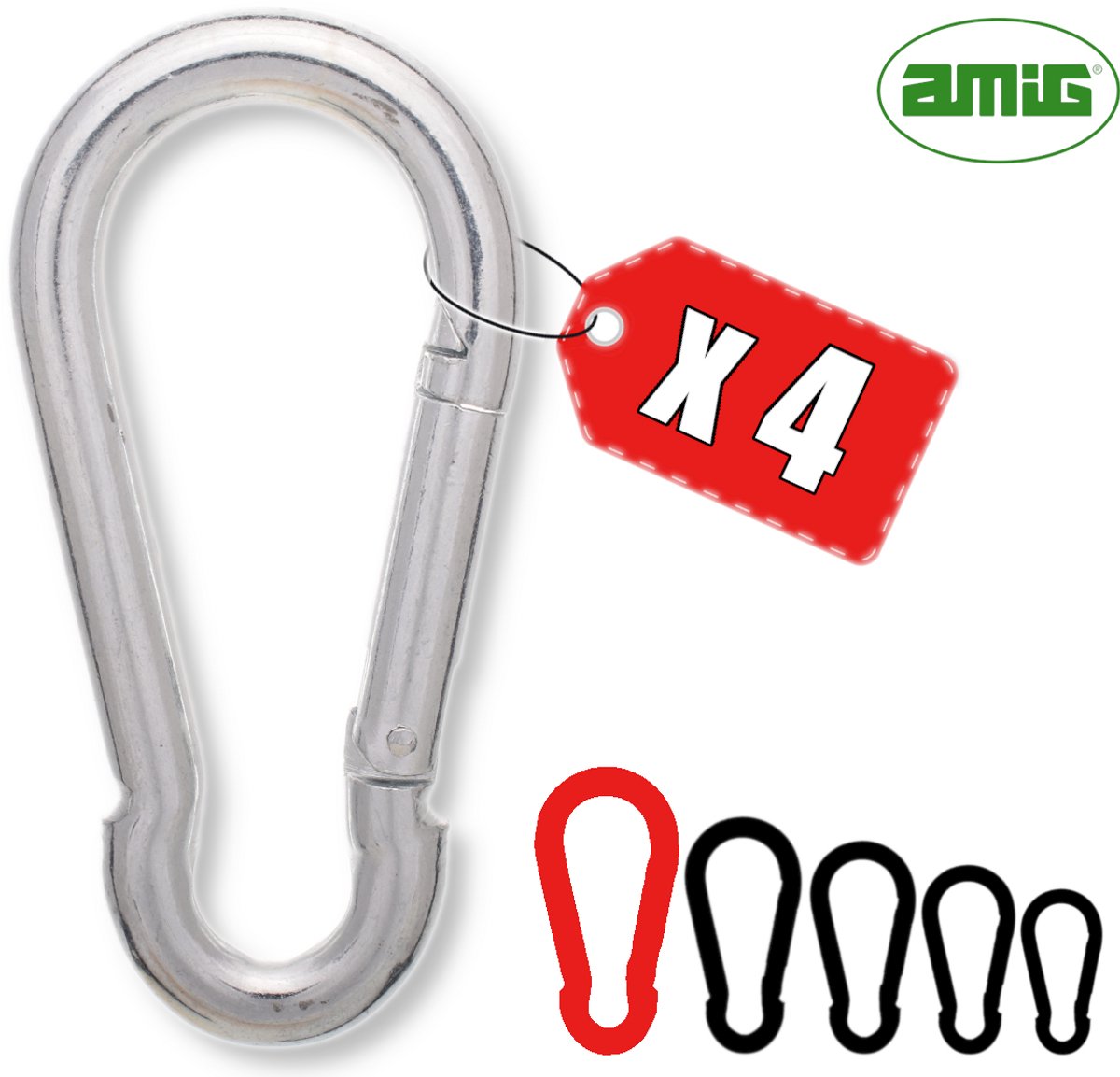 AMIG Karabijnhaak 10x100mm Groot Verzinkt Staal Veersluiting Werkplaats Industrieel Set - 4 Stuks