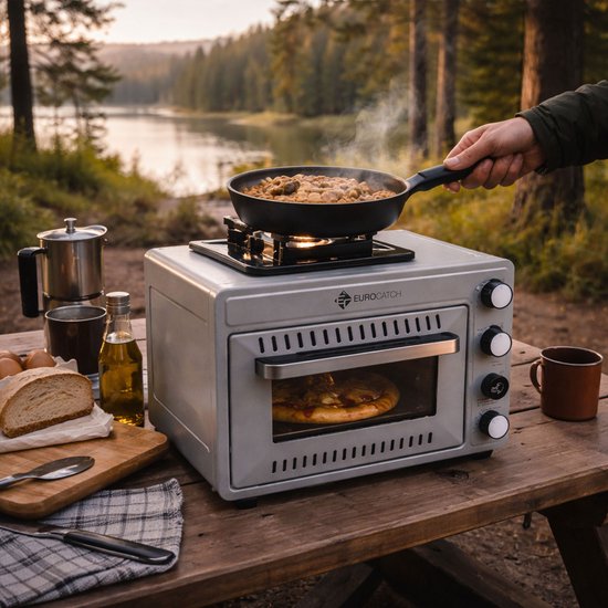 Eurocatch Draagbare Gasoven op 227 g Gasbusjes - Camping Oven met Brander - 25,2 Liter - 2,1 kW - Elektronische Ontsteking - Outdoor & Thuisgebruik - incl. 12 gasbusjes van Eurocatch — afbeelding 2
