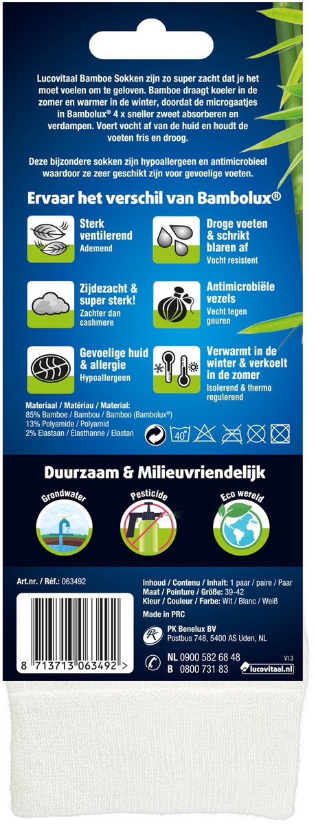 Lucovitaal Bamboe sok lang wit maat 39-42 1 Paar