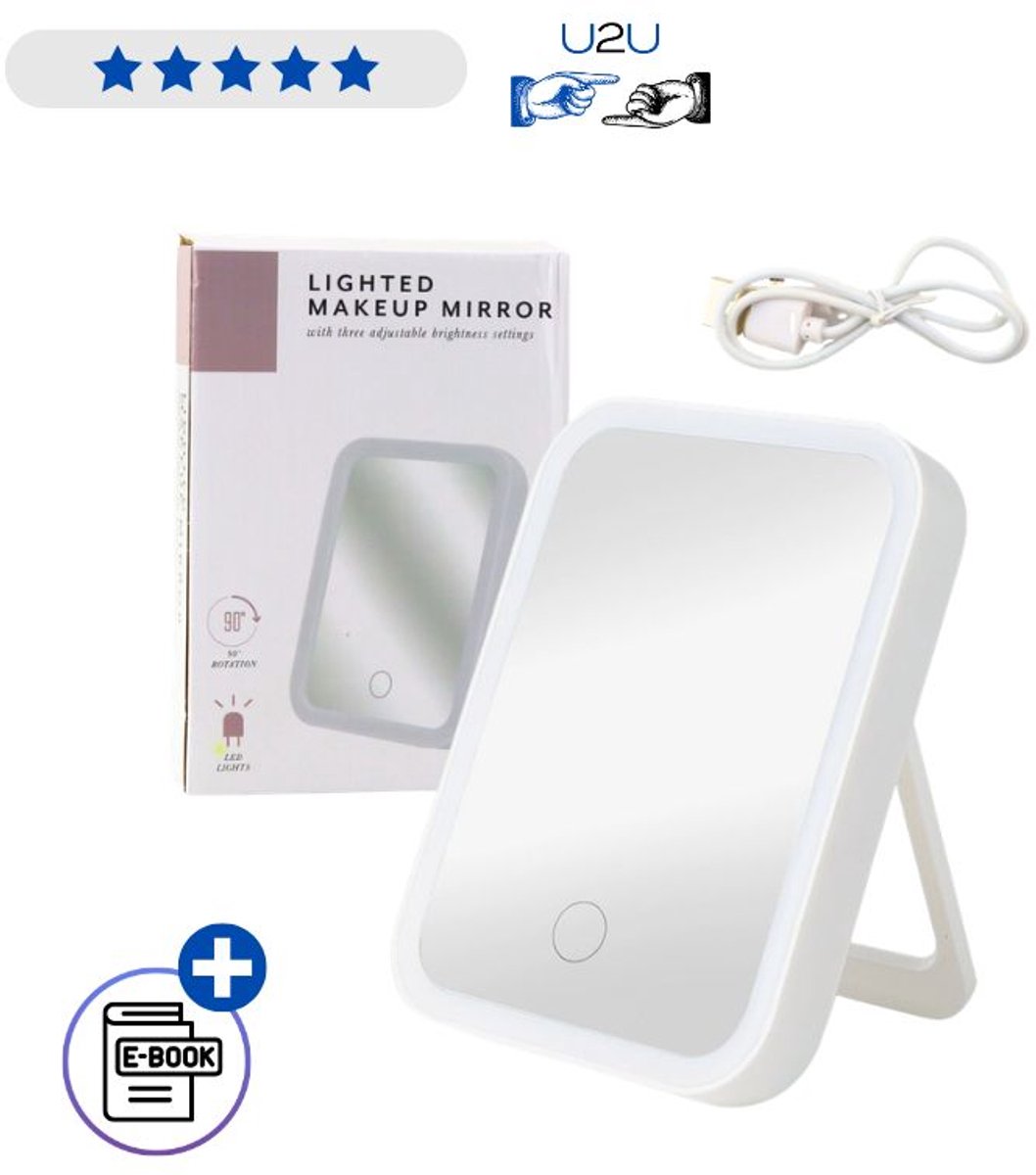 LED Make-up Spiegel Met Verlichting Wit 3 Lichtstanden Touchscreen Bediening 90° Kantelbaar Cosmeticaspiegel Met USB Voeding Voor Thuis En Reizen Compact En Modern Design Met Ebook