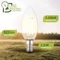 Heldere kaarslamp met E14 fitting en filament, 525Lm, 2.5W, 3000K warm wit licht.