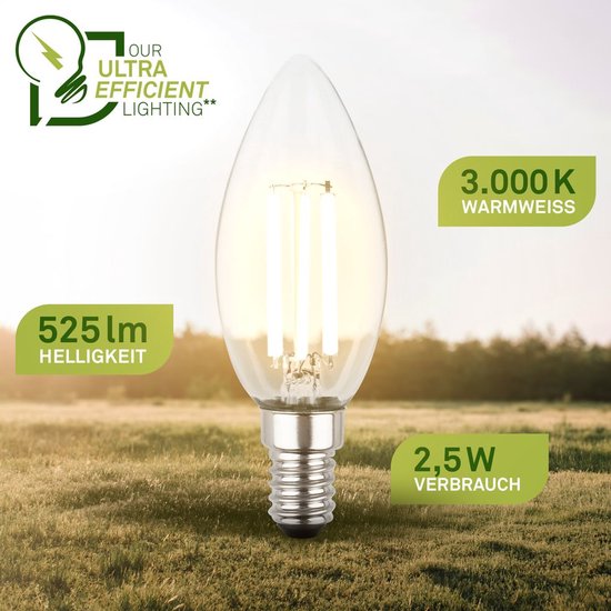 Heldere kaarslamp met E14 fitting en filament, 525Lm, 2.5W, 3000K warm wit licht.