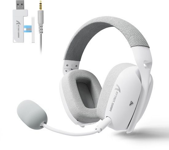 Casque de jeu blanc Attack Shark L80Pro avec bandeau et coussinets d'oreille en tissu gris. Inclut une clé USB 2.4GHz et une prise audio 3.5mm.