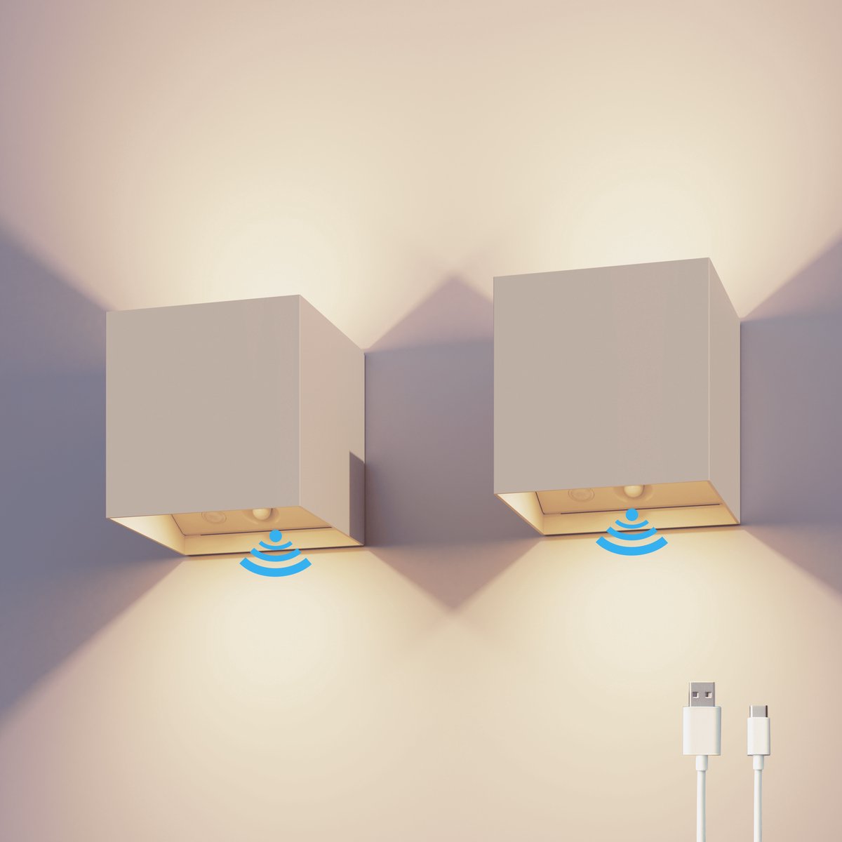 CALEX Applique Da Parete Volterra – Luce Calda Up & Down, Ricaricabile USB-C, Sensore Di Movimento, IP44, Per Interni/esterni, Bianca