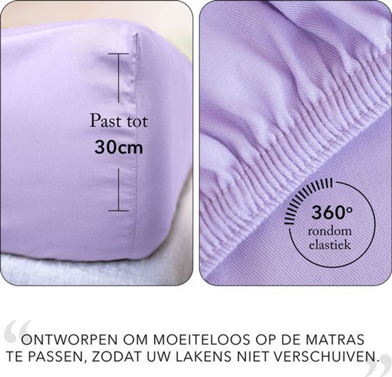 Lila hoeslaken, past tot 30cm hoogte en heeft 360° rondom elastiek.
