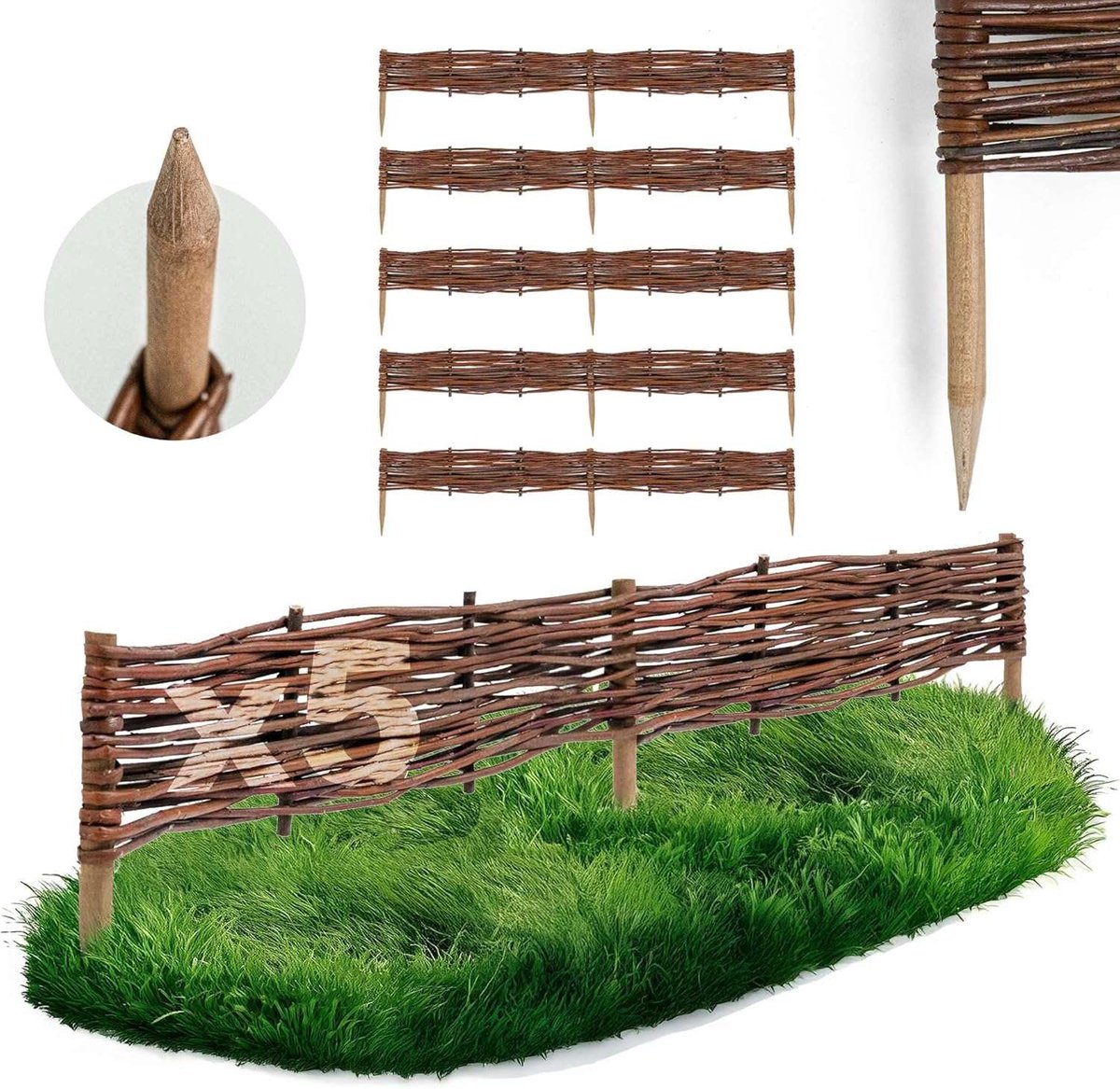 BOGATECO Wilgen Beeteinfassung - Set van 5 Stuks - Diverse Maten - Flexibele Rasenkant & Steckzaun - Handgevlochten Tuinafscheiding | 120 cm x 10 cm