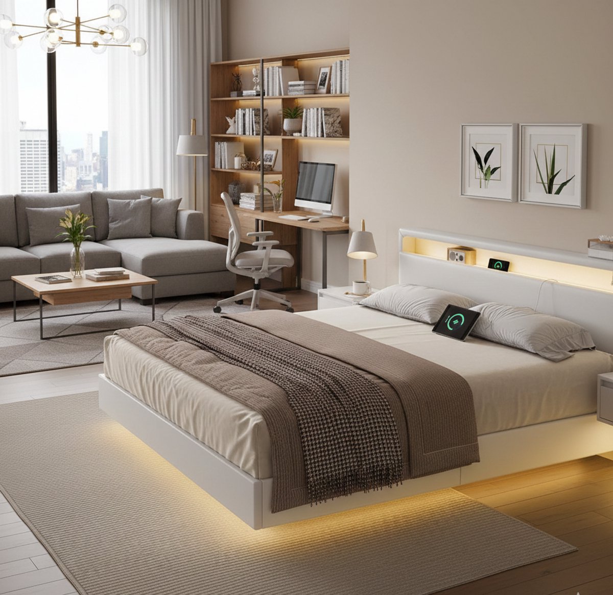 AeroLuxe Zwevend LED Bedframe 160x200 cm met USB & USB-C Oplaadstation – Modern Tweepersoonsbed met Hoog Hoofdbord – Wolkenwit | medahomestore