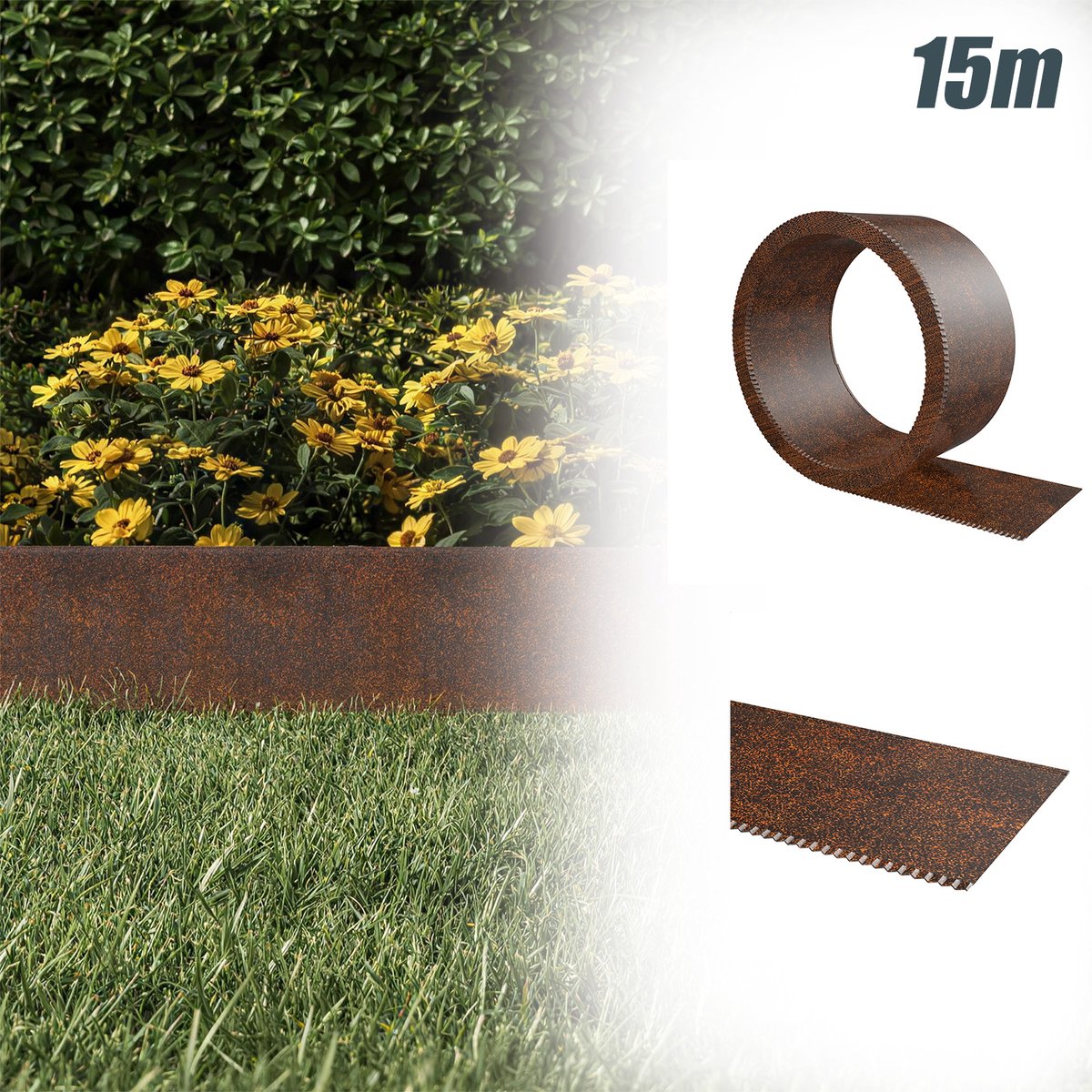 Aufun Tuinrand - 15cm x 15m Roest - Weerbestendig Verzinkt Metaal - Grasrand & Bedrand