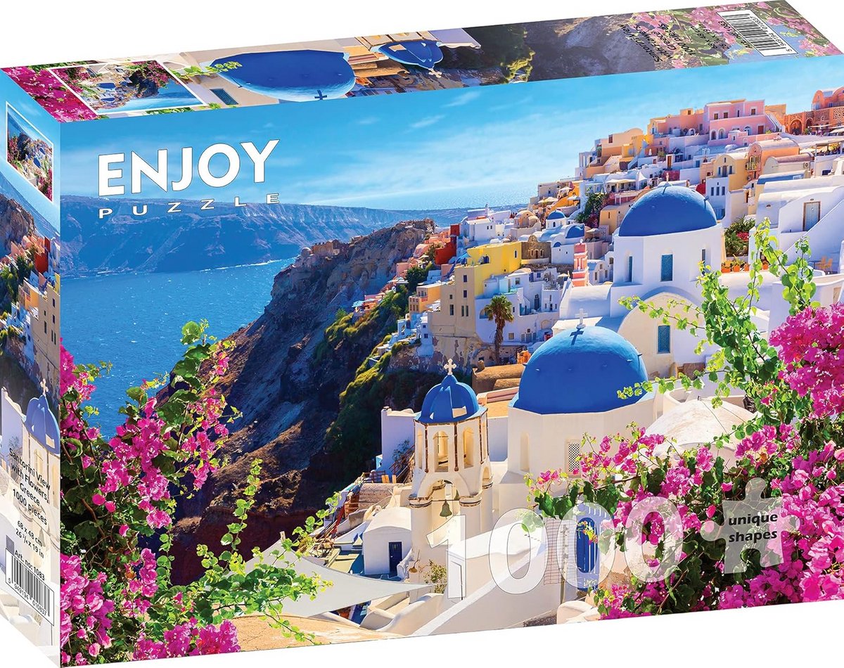 1000 Stukjes Puzzel: Schilderachtig Uitzicht op Santorini met Bloemen