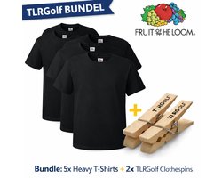 5 Stuks Fruit of the Loom Heavy T-Shirts Heren met Ronde Hals - Zwart Maat XL (Inclusief 2 TLRGolf Wasknijpers)