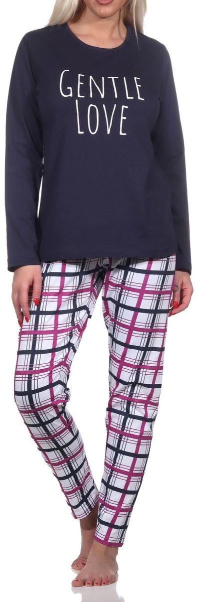 Normann damespyjama met lange mouwen en geruite jersey broek navy