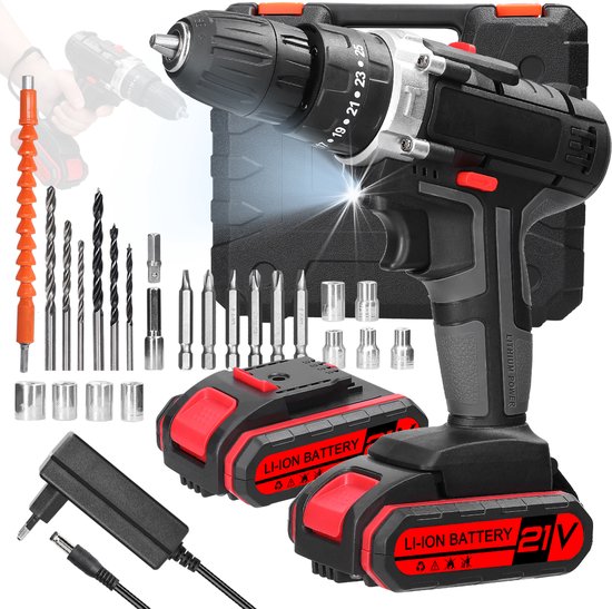 Accuboormachine – 21V – 3-in-1 Klopboor & Schroefmachine – 2 Accu’s 1300mAh – Voor Hout, Metaal & Beton