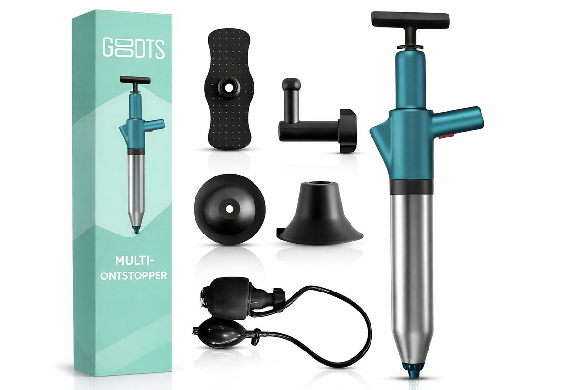 GOODTS® Professionele Multi Afvoer Ontstopper met Opblaasbaar kopstuk - WC ontstopper met hoge druk - Toilet Ontstopper - Gootsteen ontstopper - Plopper - Luchtdruk Ontstopper - 0-8 Bar - RVS - Ecologisch