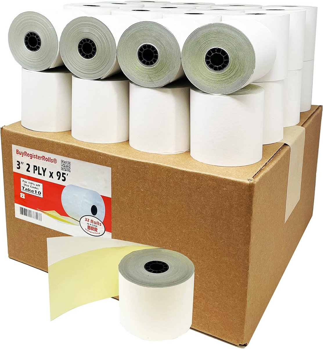 32 Rollen 2-Laags Zonder Koolstof Bonrolletjes 76x29m Wit/Geel voor Kassasysteem en Printer