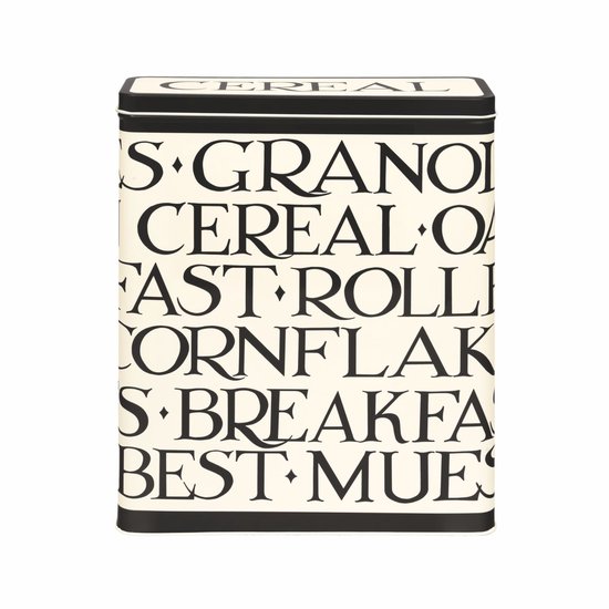 Boîte de conservation crème avec le texte 'CEREAL', 'GRANOLA', 'OAT', 'BREAKFAST', 'ROLLING', 'CORNFLAKE', 'BEST MUESLI' en lettres noires.