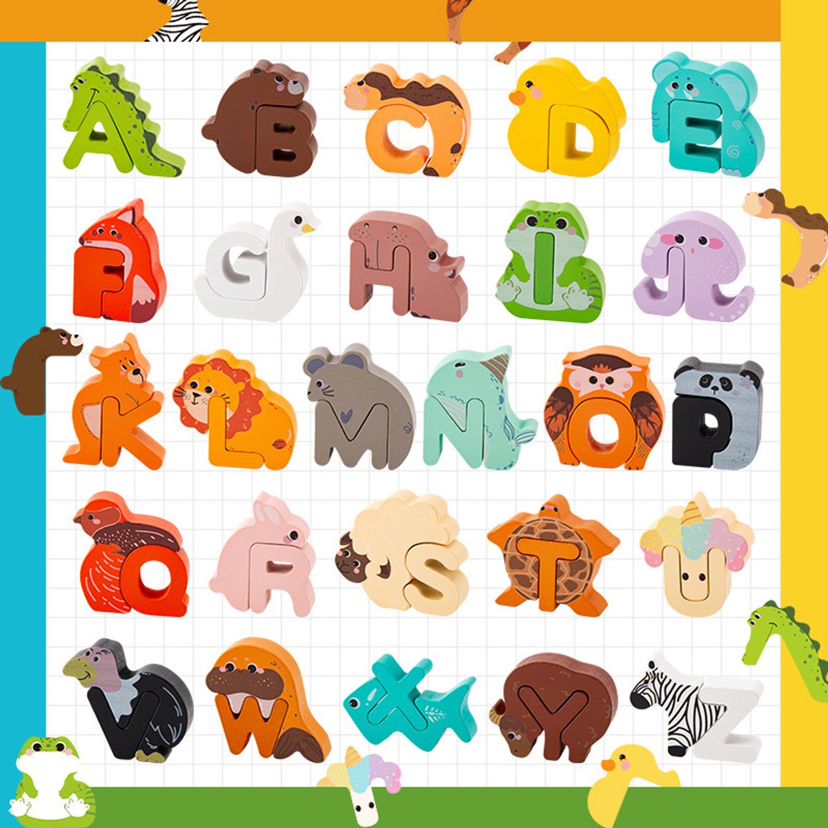 Kinderen Houten Creatieve Cartoon Dieren 26 Engels Letters Hoofdletters Woordherkenning, Houten Brief Dier Puzzels, Puzzel Speelgoed