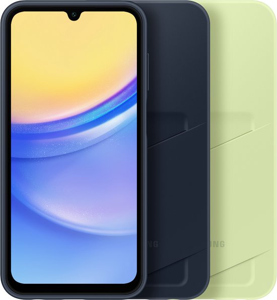 Lichtgroen Samsung telefoonhoesje naast een donkerblauw Samsung telefoonhoesje, beide met sleuf.